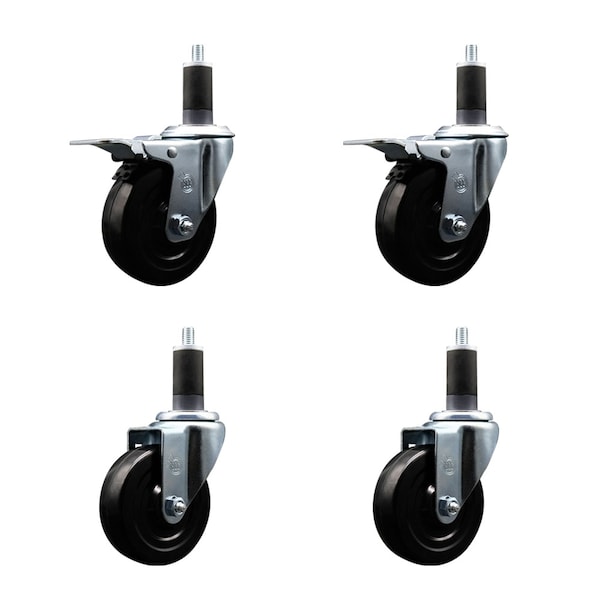 4'' Hard Rubber Swivel 1-1/4'' Expand Stem Caster Set 2 Total Lock Brakes, 4PK